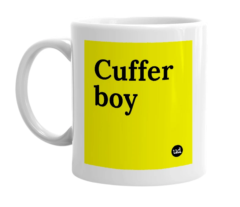 White mug with 'Cuffer boy' in bold black letters