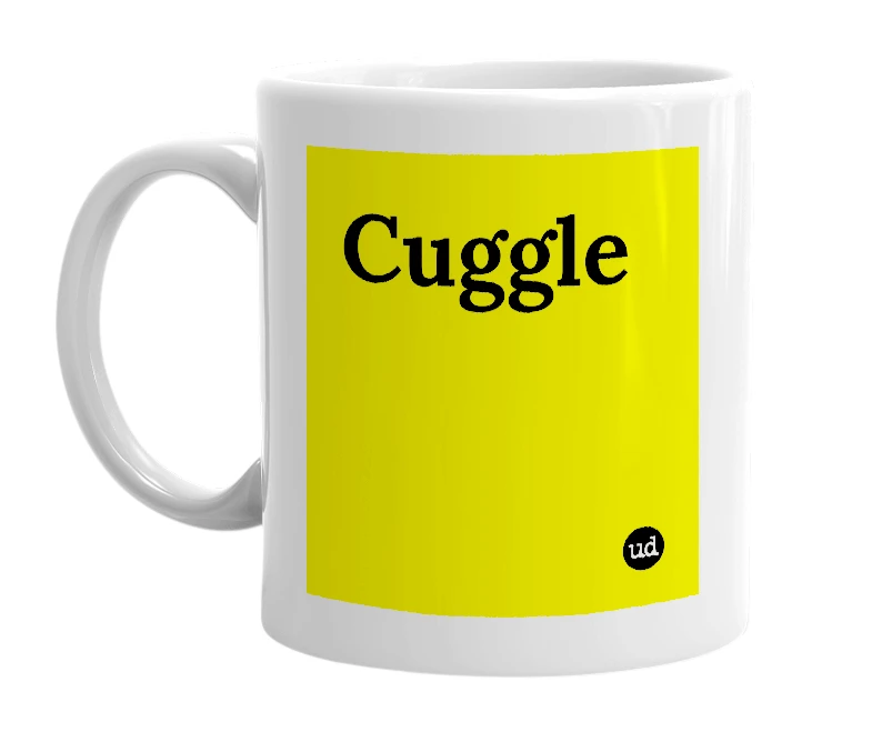 White mug with 'Cuggle' in bold black letters