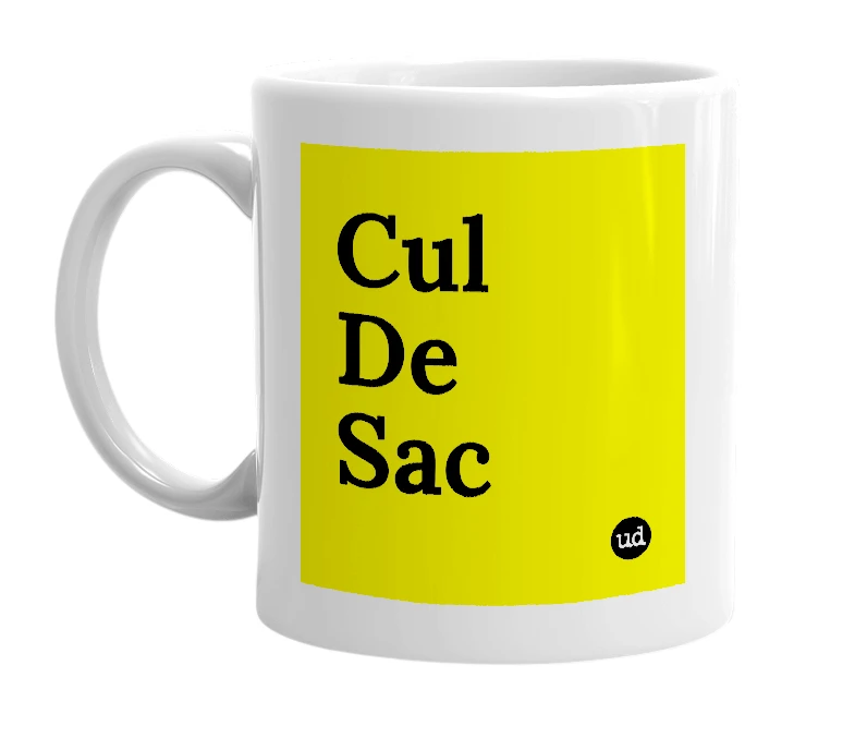 White mug with 'Cul De Sac' in bold black letters