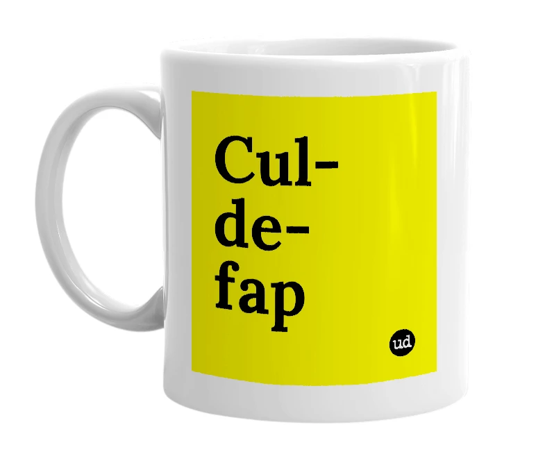White mug with 'Cul-de-fap' in bold black letters