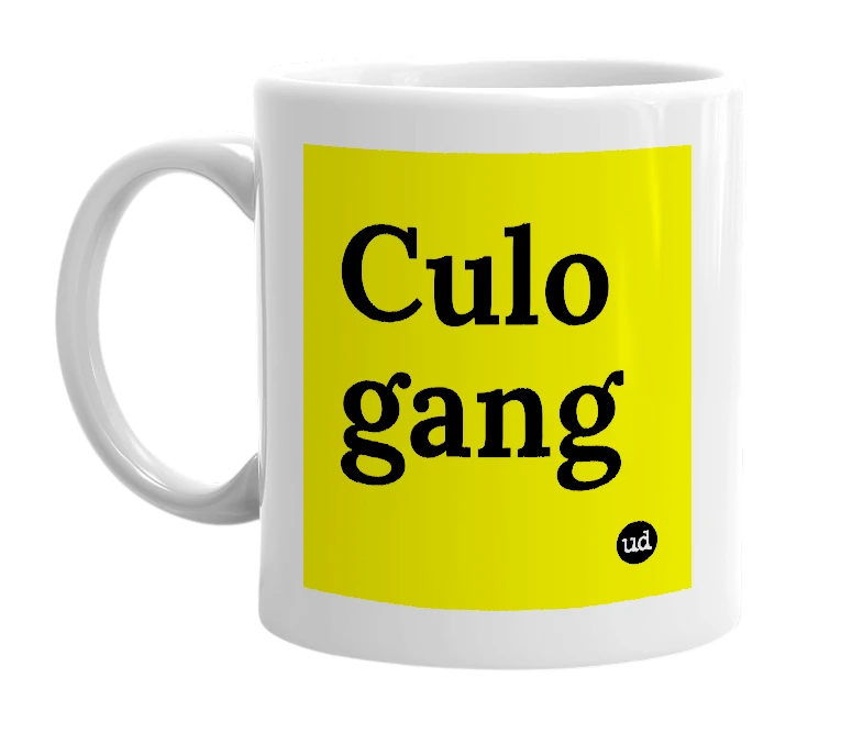 White mug with 'Culo gang' in bold black letters