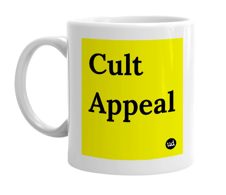 White mug with 'Cult Appeal' in bold black letters