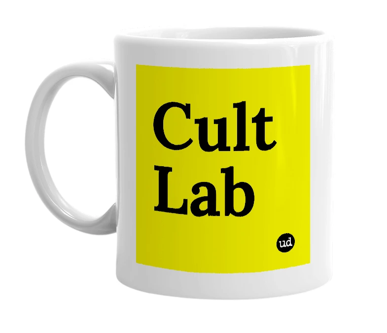 White mug with 'Cult Lab' in bold black letters