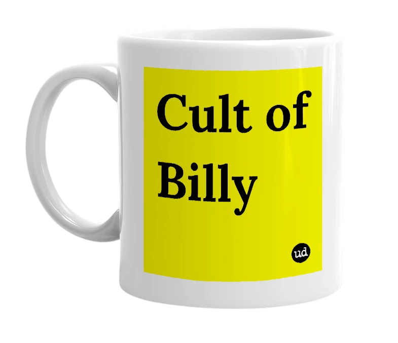 White mug with 'Cult of Billy' in bold black letters