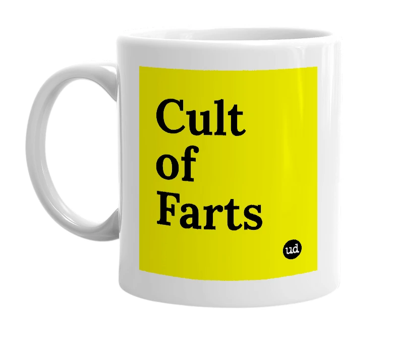 White mug with 'Cult of Farts' in bold black letters