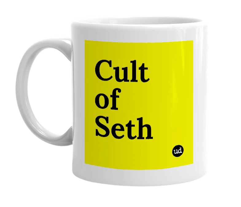 White mug with 'Cult of Seth' in bold black letters