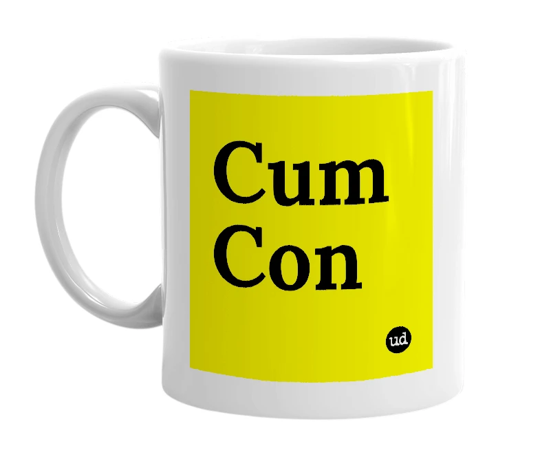White mug with 'Cum Con' in bold black letters