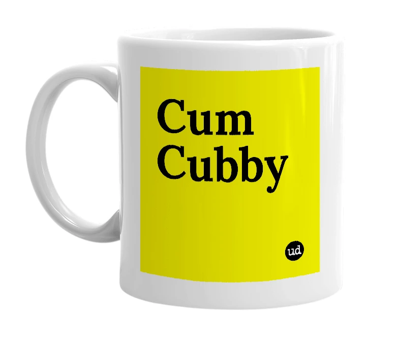 White mug with 'Cum Cubby' in bold black letters