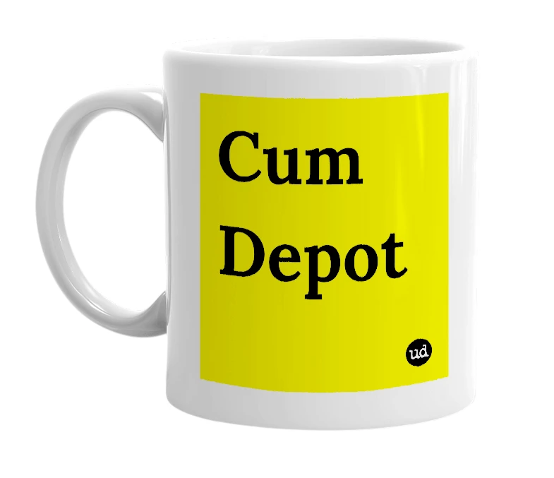 White mug with 'Cum Depot' in bold black letters