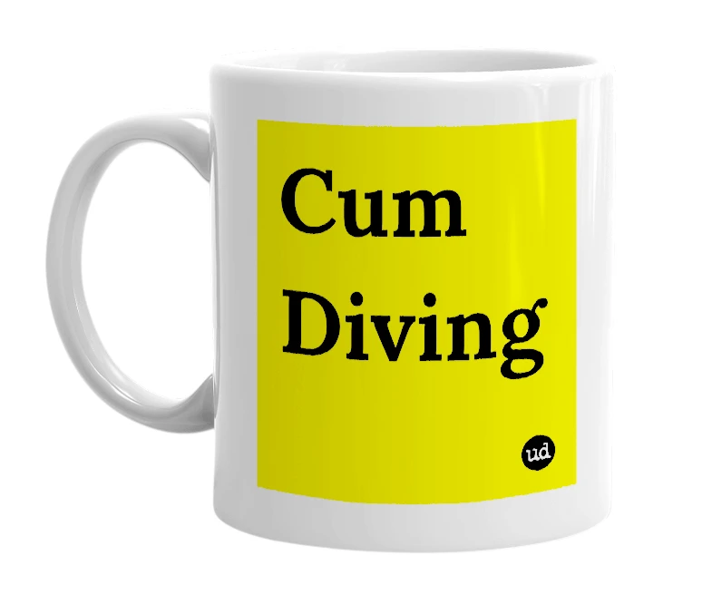 White mug with 'Cum Diving' in bold black letters
