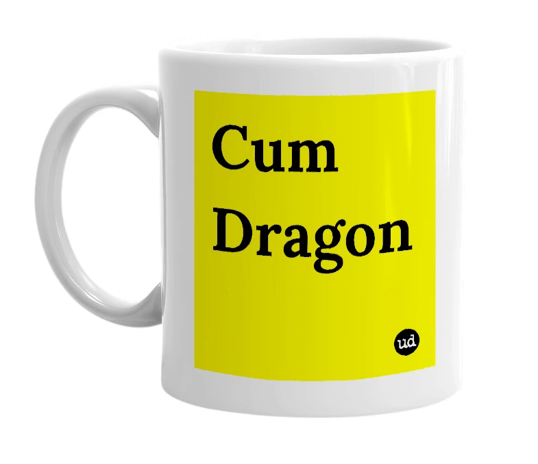White mug with 'Cum Dragon' in bold black letters