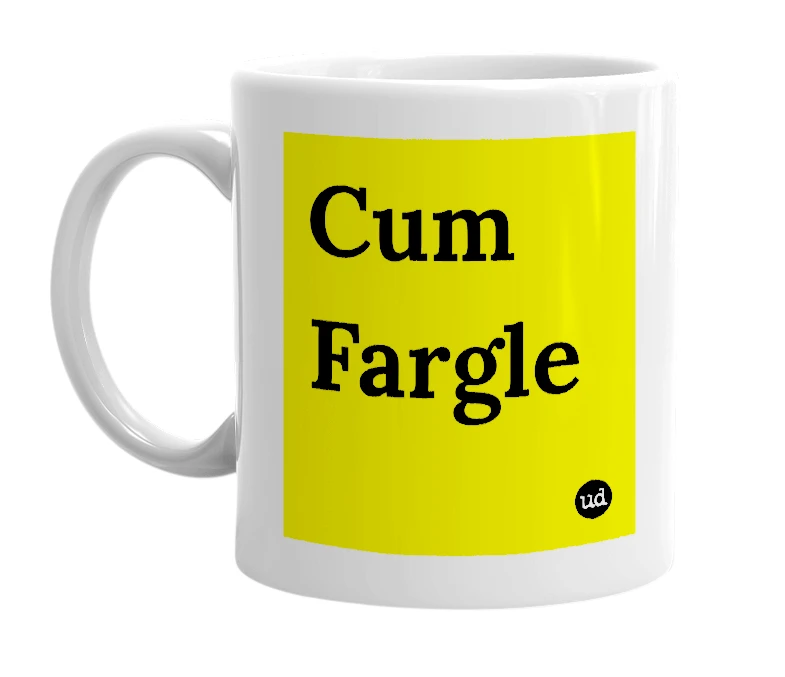 White mug with 'Cum Fargle' in bold black letters