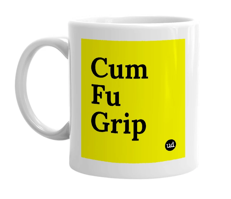 White mug with 'Cum Fu Grip' in bold black letters