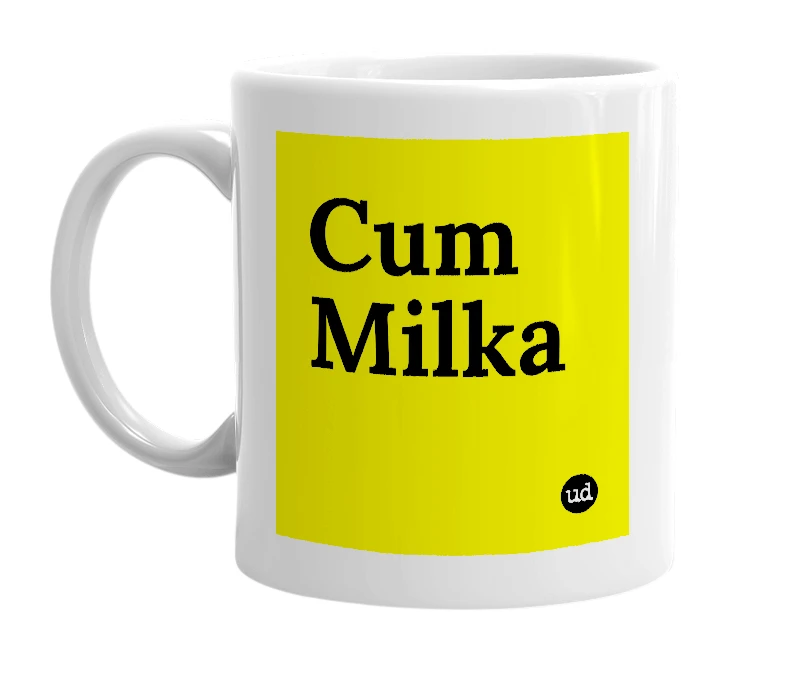White mug with 'Cum Milka' in bold black letters