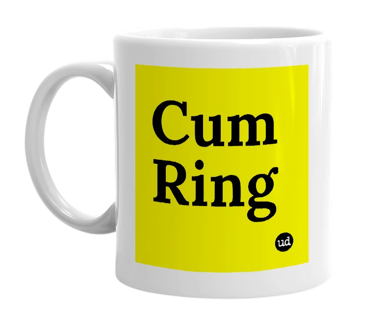 White mug with 'Cum Ring' in bold black letters