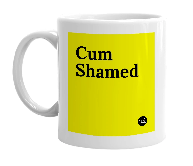 White mug with 'Cum Shamed' in bold black letters