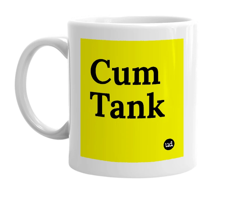 White mug with 'Cum Tank' in bold black letters