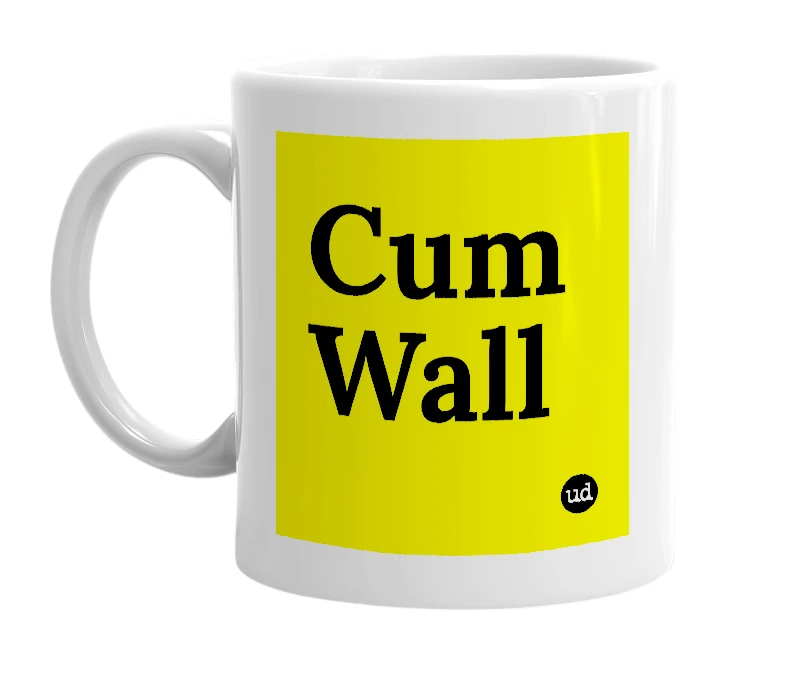 White mug with 'Cum Wall' in bold black letters