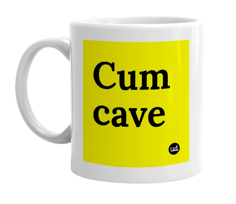 White mug with 'Cum cave' in bold black letters