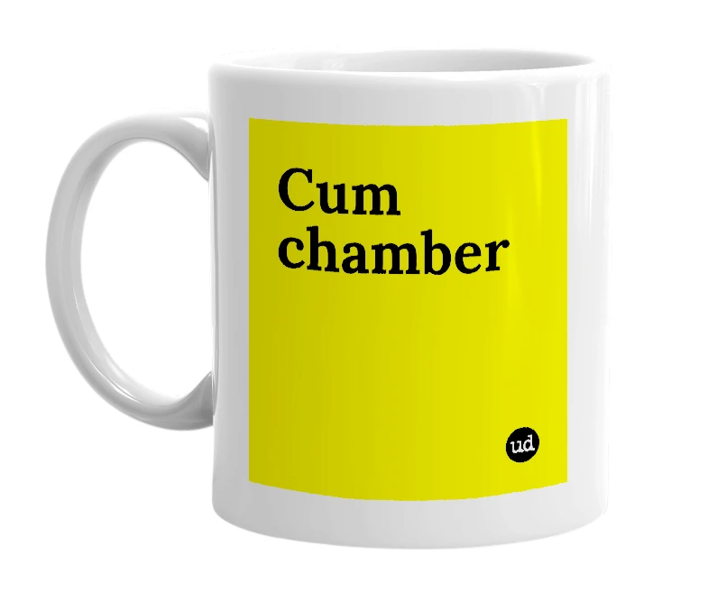 White mug with 'Cum chamber' in bold black letters