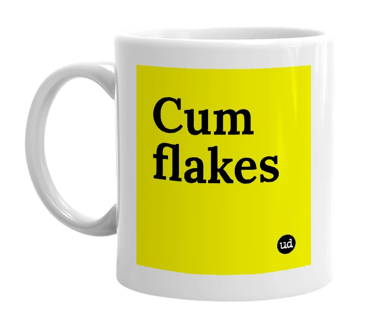 White mug with 'Cum flakes' in bold black letters