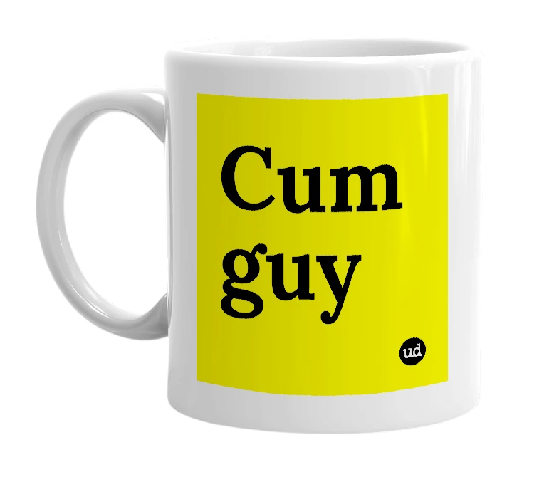 White mug with 'Cum guy' in bold black letters