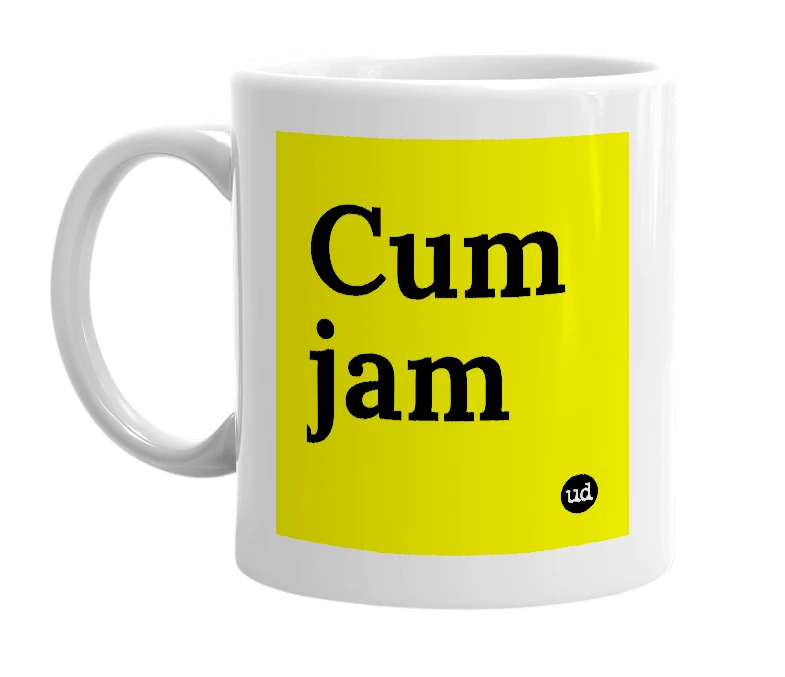 White mug with 'Cum jam' in bold black letters