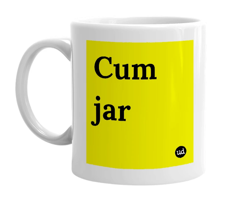 White mug with 'Cum jar' in bold black letters