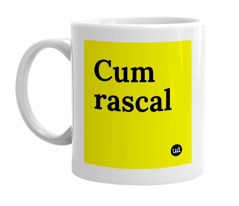 White mug with 'Cum rascal' in bold black letters