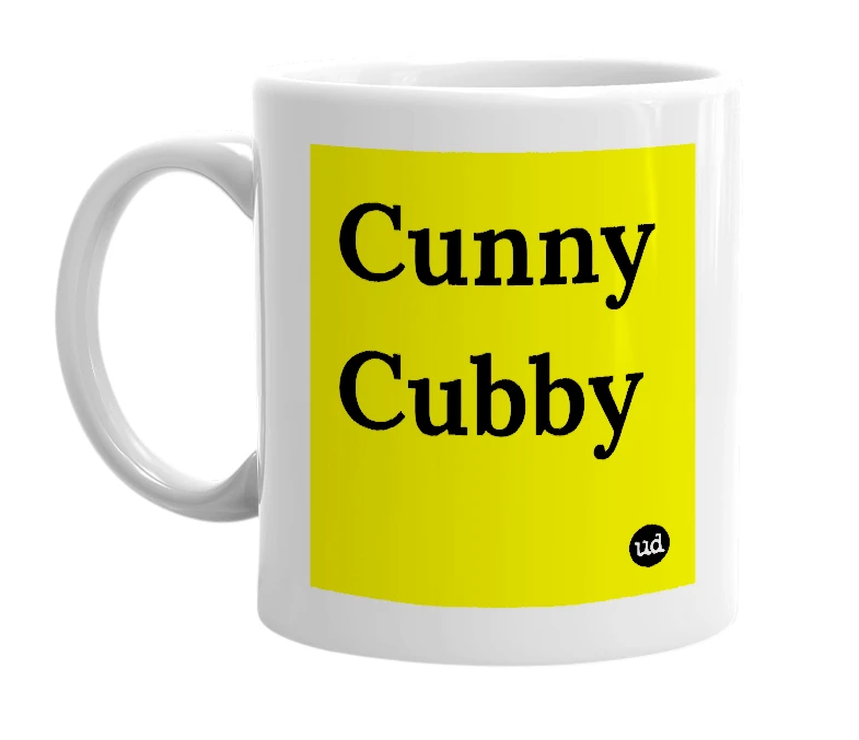 White mug with 'Cunny Cubby' in bold black letters