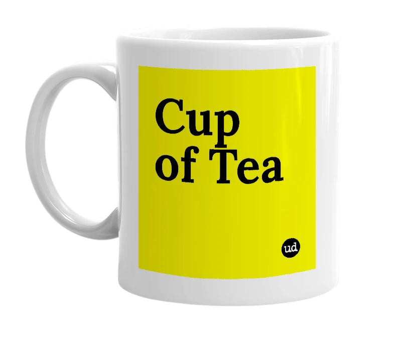 White mug with 'Cup of Tea' in bold black letters