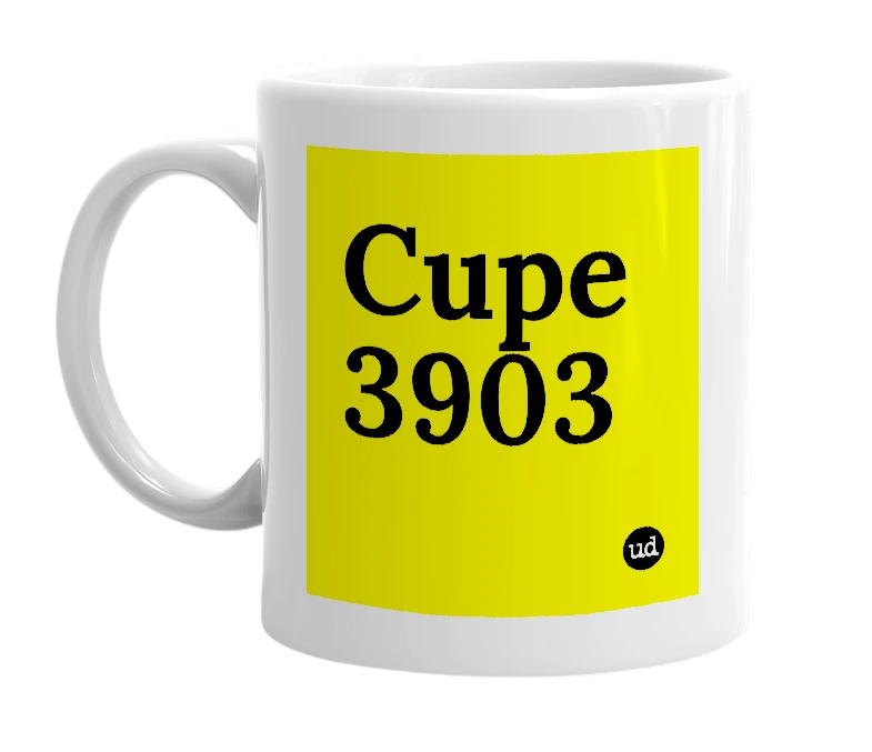 White mug with 'Cupe 3903' in bold black letters