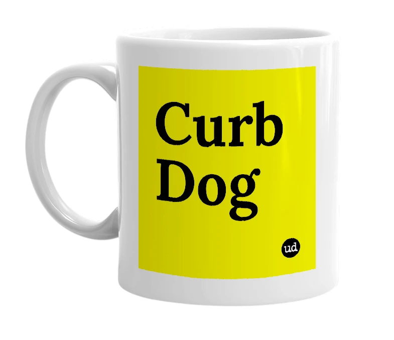 White mug with 'Curb Dog' in bold black letters