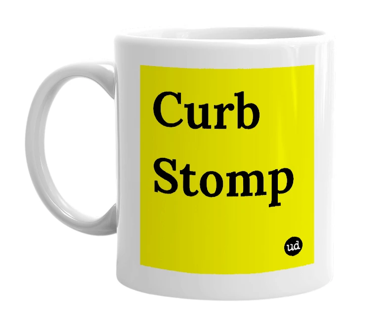 White mug with 'Curb Stomp' in bold black letters