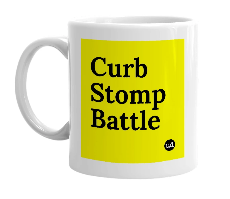 White mug with 'Curb Stomp Battle' in bold black letters
