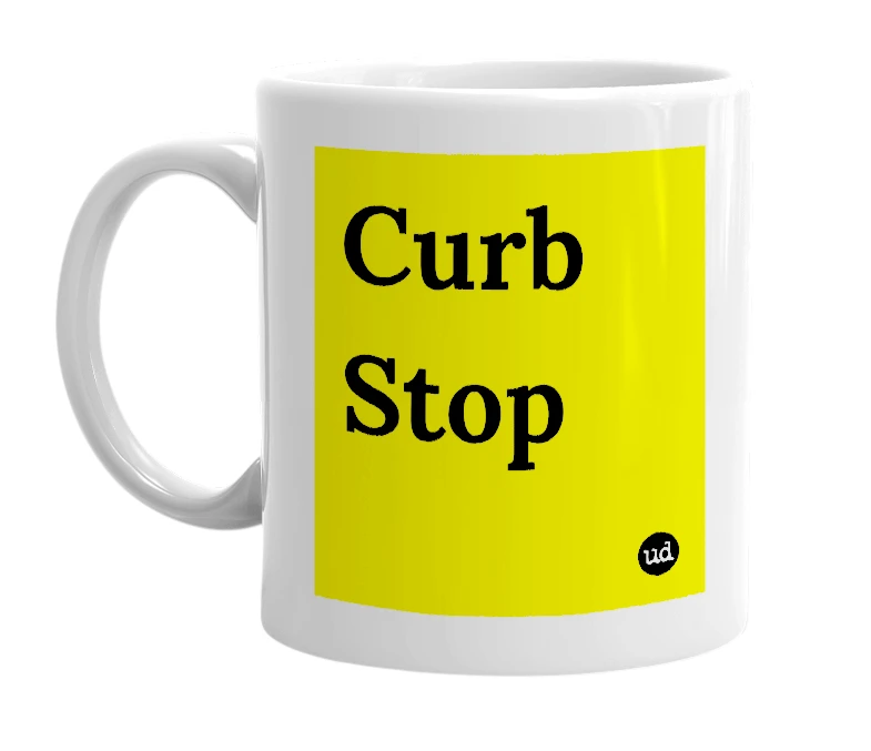 White mug with 'Curb Stop' in bold black letters