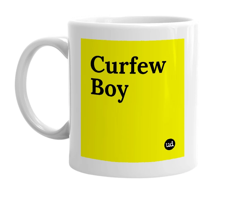 White mug with 'Curfew Boy' in bold black letters
