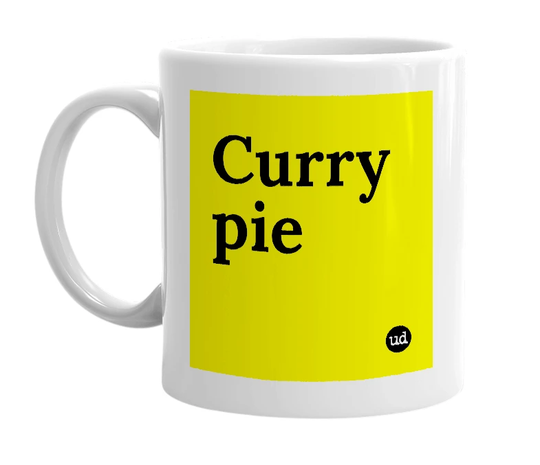 White mug with 'Curry pie' in bold black letters