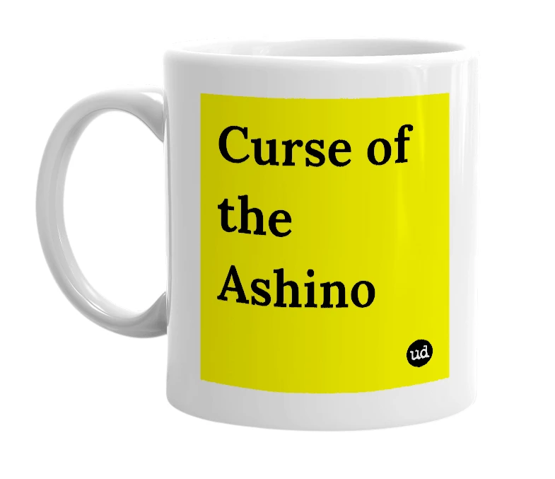 White mug with 'Curse of the Ashino' in bold black letters