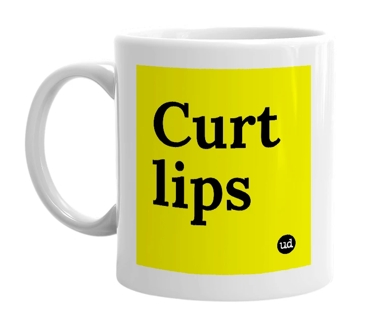 White mug with 'Curt lips' in bold black letters