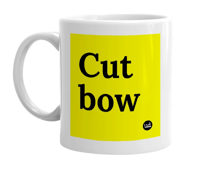 White mug with 'Cut bow' in bold black letters