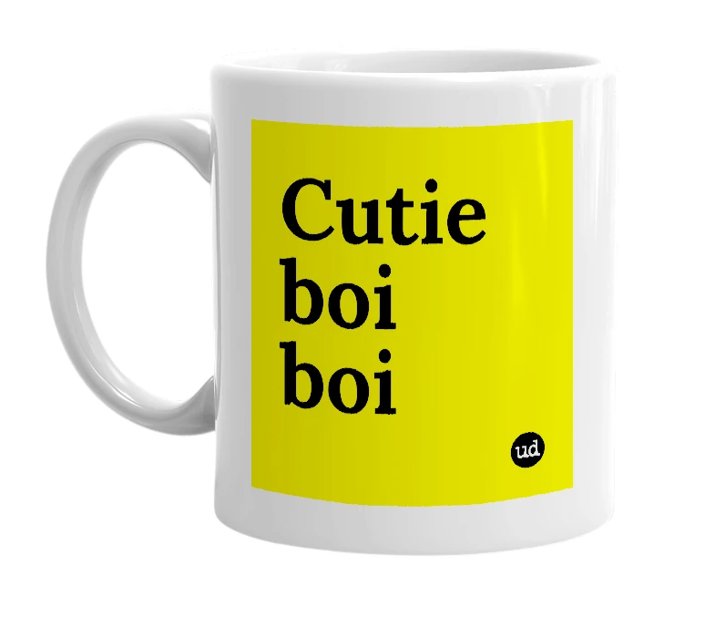 White mug with 'Cutie boi boi' in bold black letters