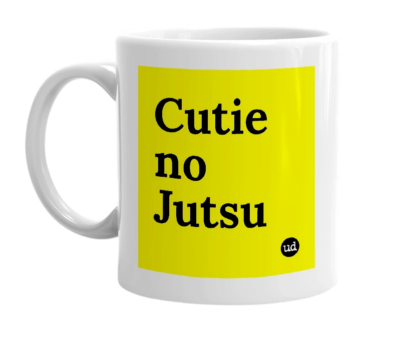 White mug with 'Cutie no Jutsu' in bold black letters