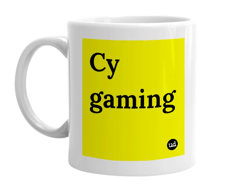 White mug with 'Cy gaming' in bold black letters