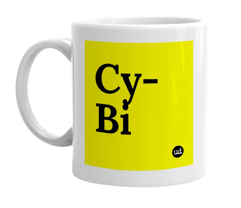 White mug with 'Cy-Bi' in bold black letters