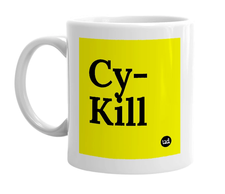 White mug with 'Cy-Kill' in bold black letters