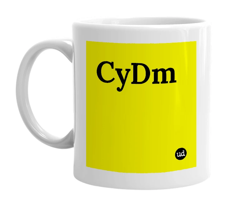 White mug with 'CyDm' in bold black letters