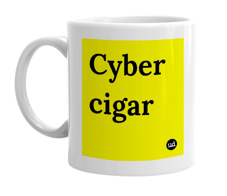 White mug with 'Cyber cigar' in bold black letters