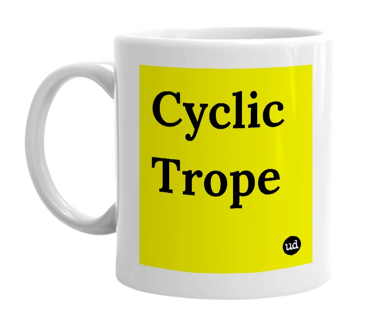 White mug with 'Cyclic Trope' in bold black letters