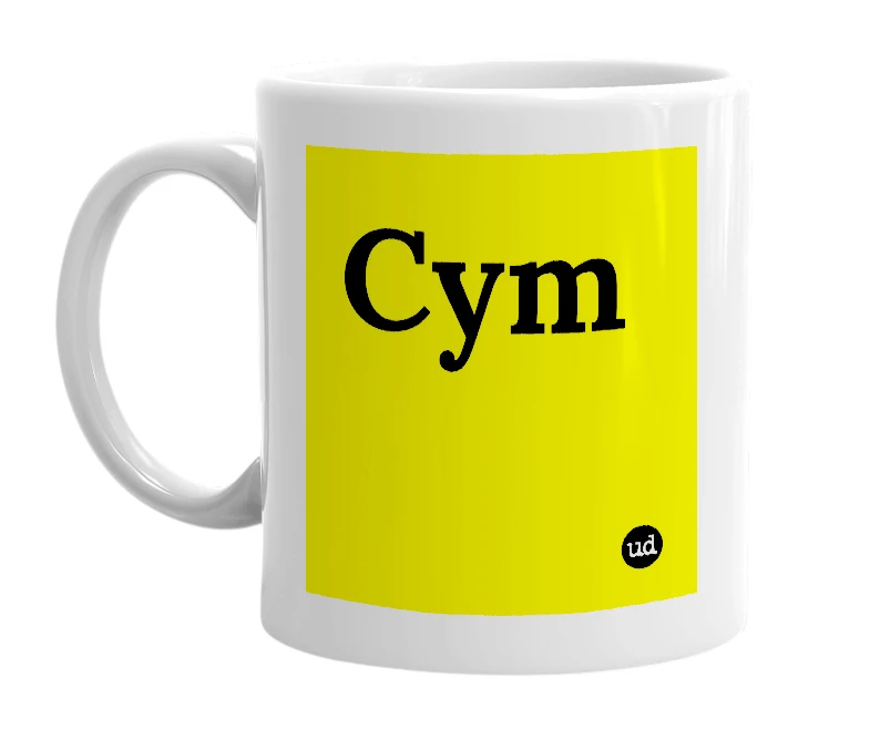 White mug with 'Cym' in bold black letters